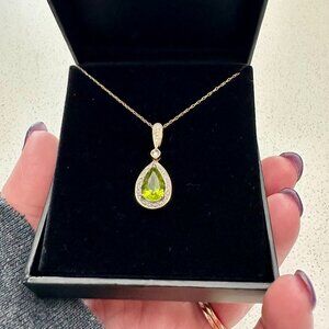 Green Peridot and Diamond 14 K Yellow Gold Halo Pendant Necklace